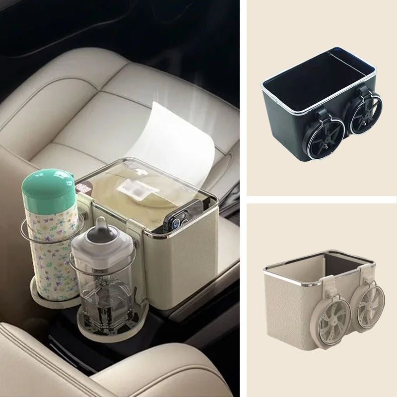 Organisateur de Voiture Multifonction 3-en-1 – Porte-Gobelets + Boîte à Mouchoirs + Rangement Téléphone