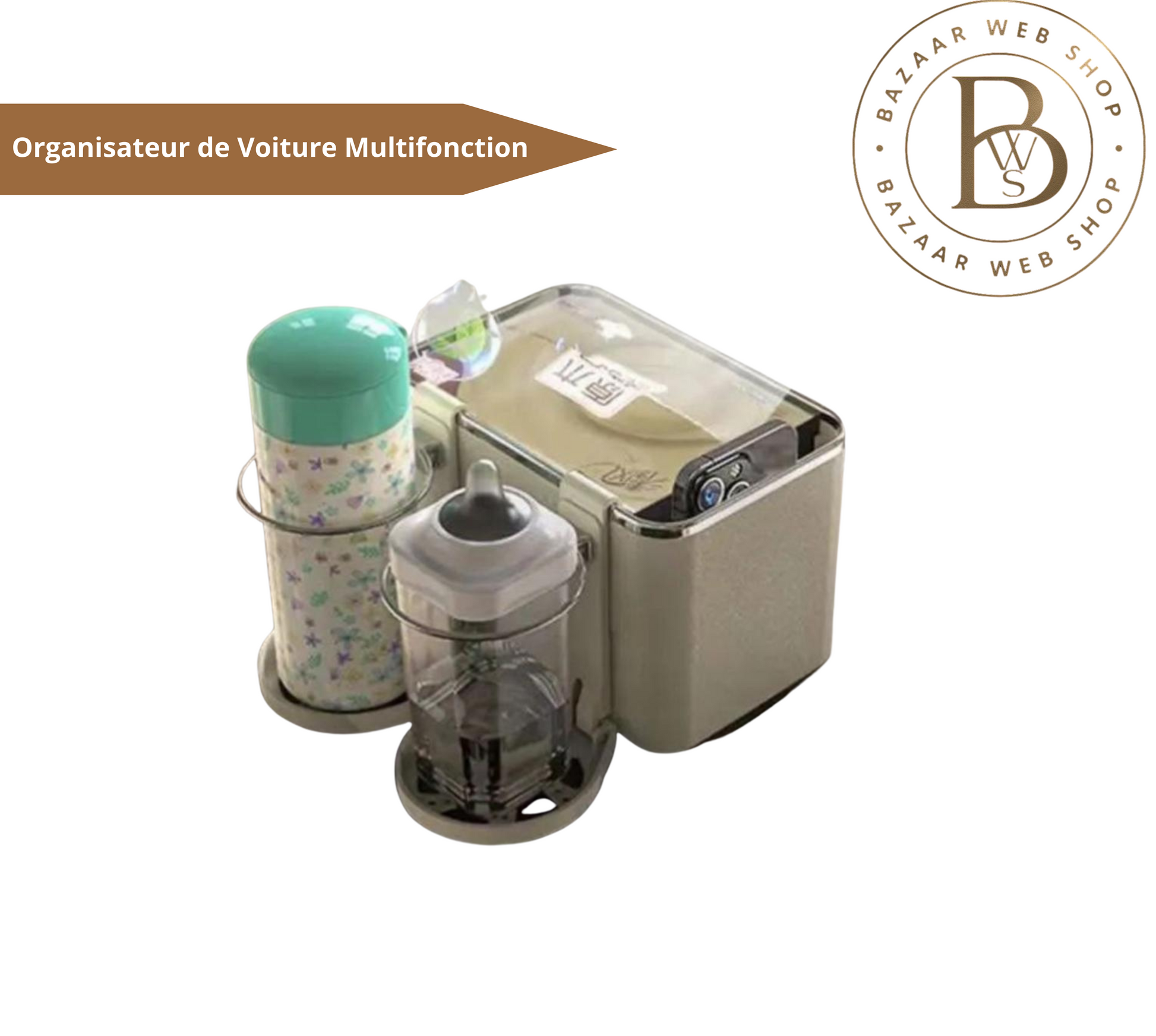 Organisateur de Voiture Multifonction 3-en-1 – Porte-Gobelets + Boîte à Mouchoirs + Rangement Téléphone