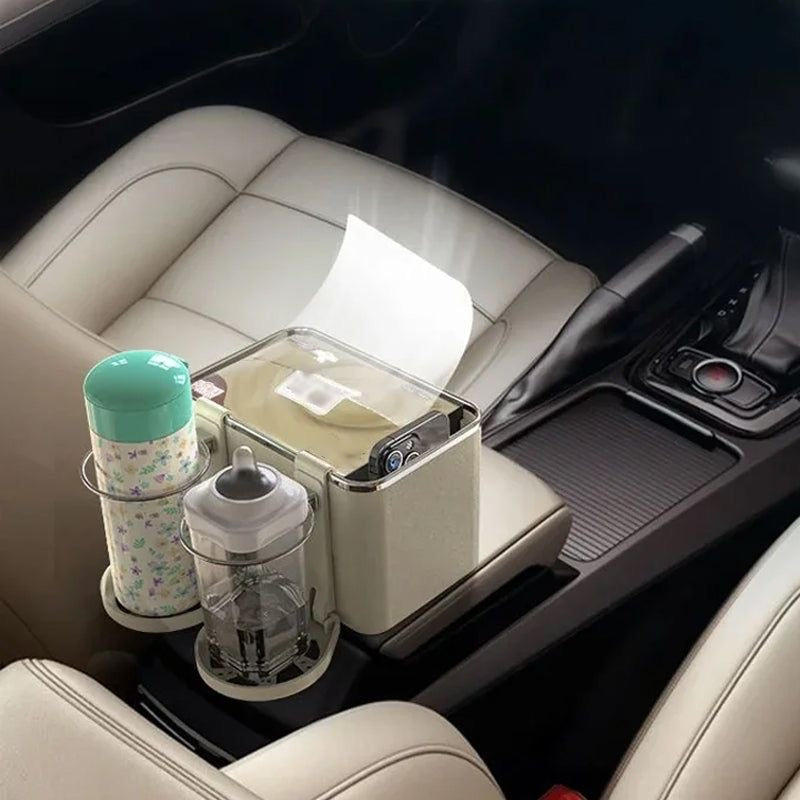 Organisateur de Voiture Multifonction 3-en-1 – Porte-Gobelets + Boîte à Mouchoirs + Rangement Téléphone